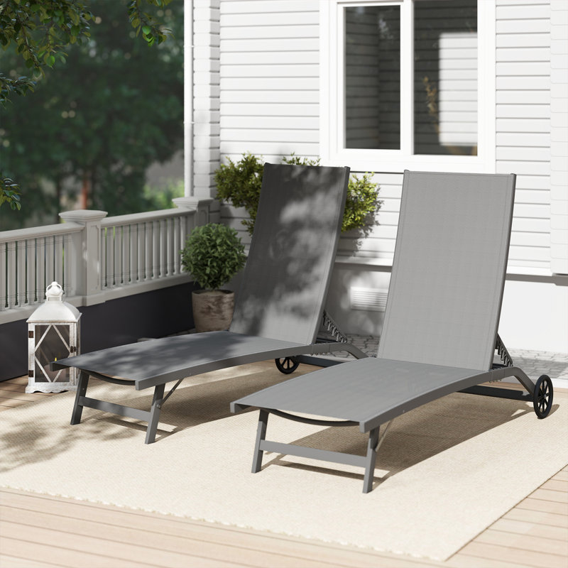 Ensemble de 2 chaises longues d'extérieur, fauteuil de bronzage sur roues, gris foncé, Gris