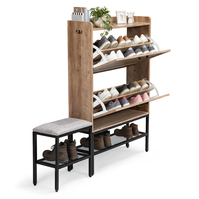 22 Pairs Barn Door Style Shoe Cabinet with Flip-Down Racks and Padded Bench, Vintage Brown