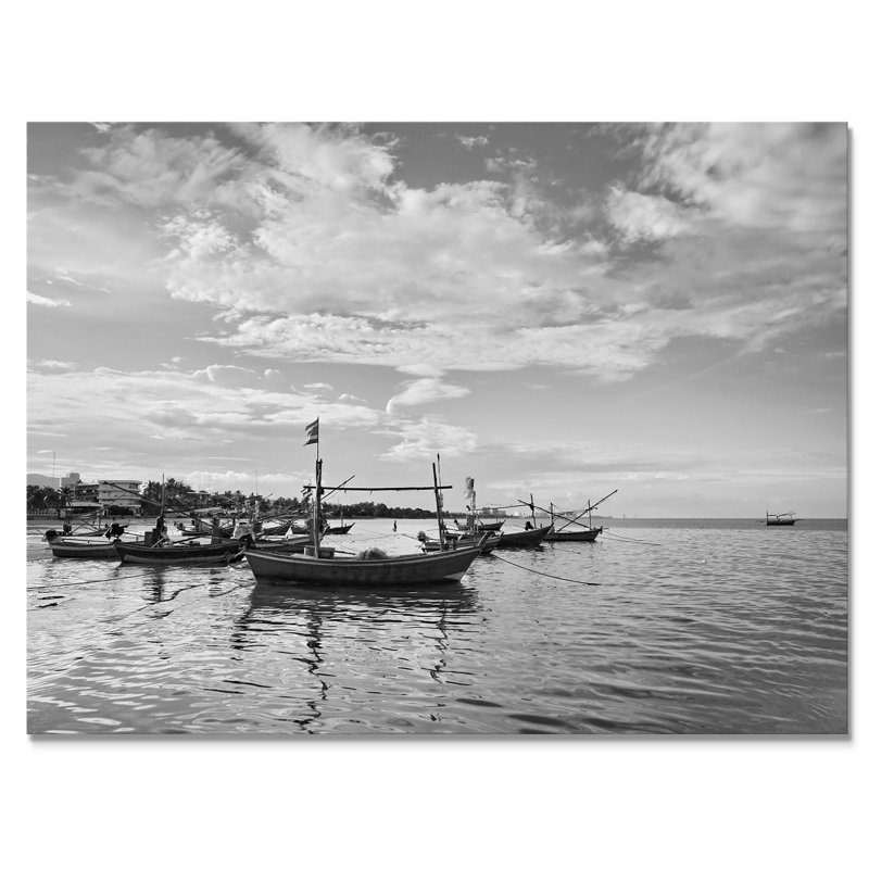 " Black And White Fisherman Scenery ", 8" H x 12" W x 1" D, Wrapped Canvas