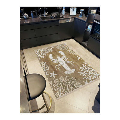 Machine Washable  Lobster Starfish Corals Patterned Woven Base Decorative Rug