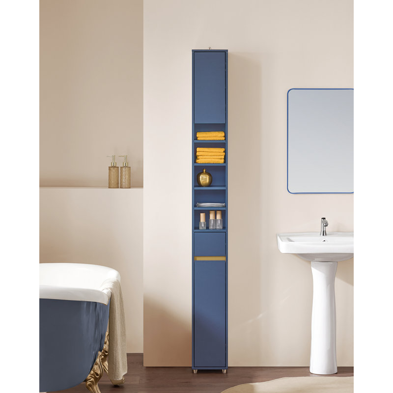 Dirksen Bathroom Narrow Tall Storage Cabinet with 2 Doors, 1 Drawer, Blue