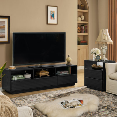 63" Mid-Century Modern TV Stand For Tvs Up To 75", Thick Sturdy Farmhouse Entertainment Cabinet, Media Console For Living Room, Louver Design & Solid Wood Drawers & Outlet Holes