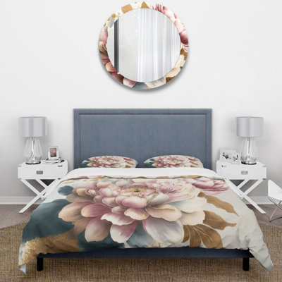 Ensemble de housse de couette Dahlia rose et doré - Microfibre polyester