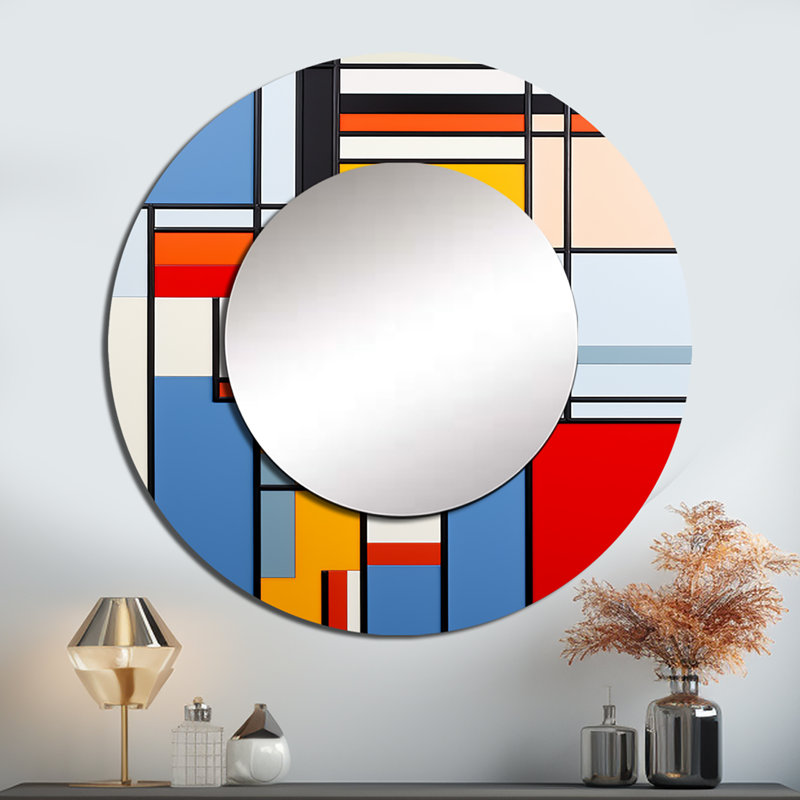 De Stijl - Pastel harmonie géométrique I - miroir coucher de soleil, miroir mural rond rouge unique, impression sur métal