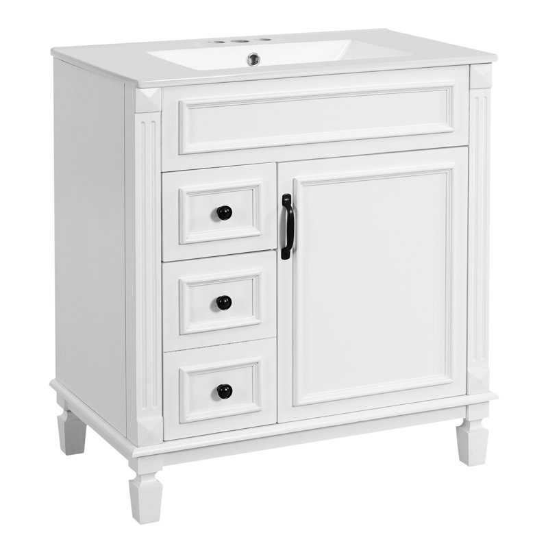 Meuble-lavabo de 30 po avec lavabo en céramique de haute qualité, mécanisme de fermeture en douceur des tiroirs et tiroirs de fermeture des tablettes réglables, conception élégante pour les petits espaces