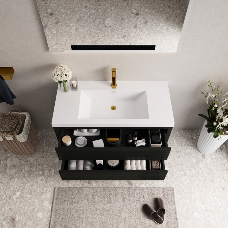 Meuble-lavabo de salle de bain de 107 cm (42 po) avec lavabo et rangement suspendu, comptoir en résine de pierre, tiroirs à fermeture amortie, bois, préassemblé, résistant au jaunissement, lavabo durable, finition