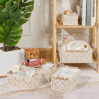 Boho Storage Baskets For Organizing Macrame Decorative Hand Woven Storage Bins With Natural Wooden Handles Beads Box Cotton Rope Wicker Boxes Set For Tabletop Shelf Bathroom (Ivory, Pack Of 5)