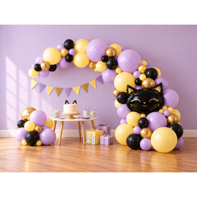 Black Cat Balloon Garland Kit, 117 Balloons, Cat Face Foil, Lavender Yellow Black Gold Birthday Party Decor