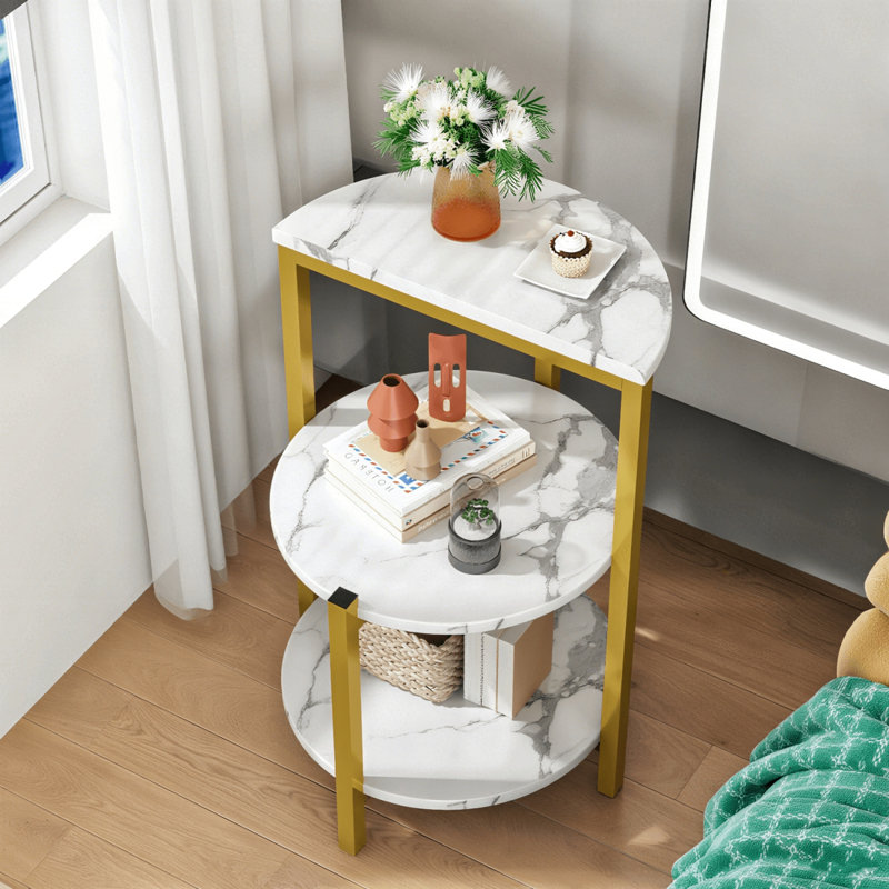 3-Tier Faux Marble End Tables Set Of 2, Round Nightstand Set Of 2 For Bedroom, Side Table Small Coffe Table With Metal Legs, Modern Sofa Table Accent Table For Living Room, Bedroom