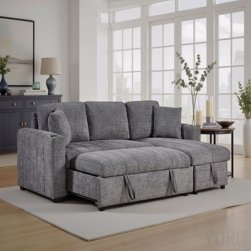 Canapé-lit modulaire réversible 96 po en tissu bouclé gris 96 po avec méridienne de rangement, porte-gobelets, port de chargement USB et coussins décoratifs