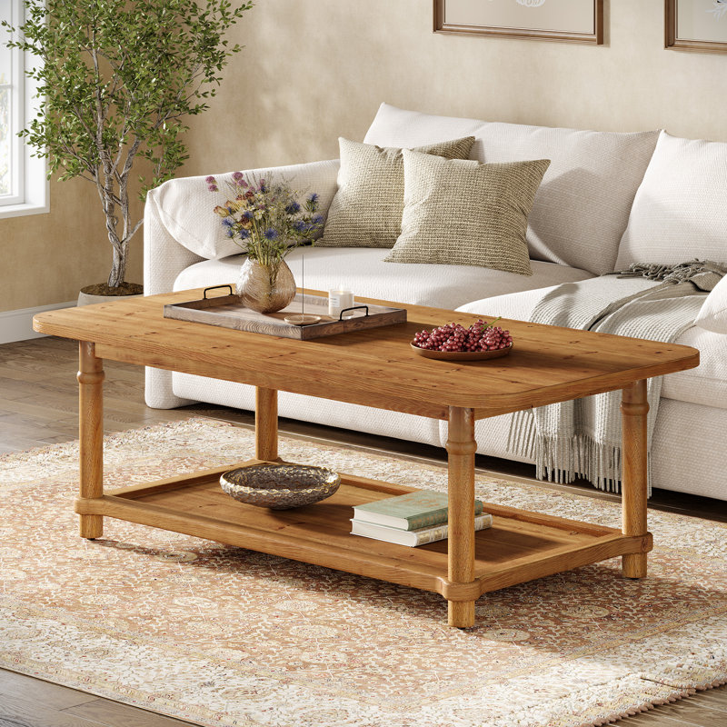 Table basse rectangulaire en bois massif de 47 po avec pieds sculptés, Light Brown