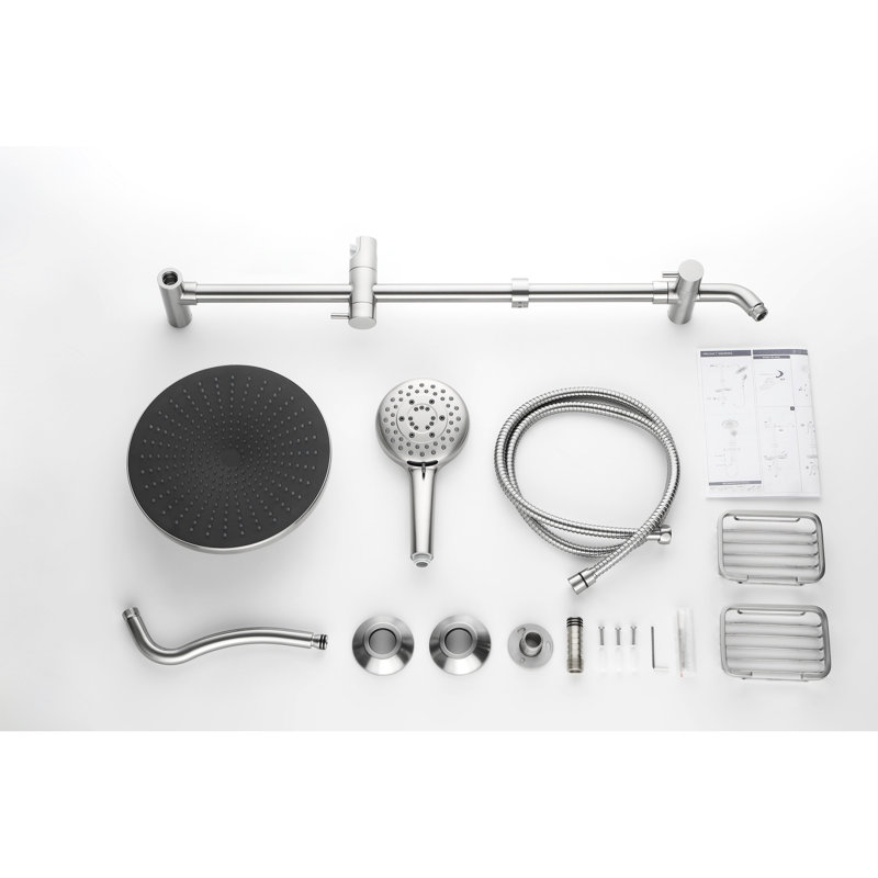 Brushed Nickel Shower Configuration Comprising 10" Natural Rain Showerhead, 4 Hand Shower, Adjustable Slide Bar And Soap Dish Assembly In With