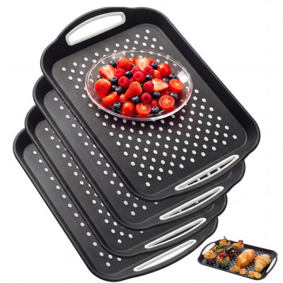 Ensemble de 4 plateaux de service antidérapants – Plateaux alimentaires rectangulaires modernes en plastique pour la cuisine, la salle à manger et les réceptions – 40 cm (L) x 28,5 cm (l) x 5,3 cm (H), Noir