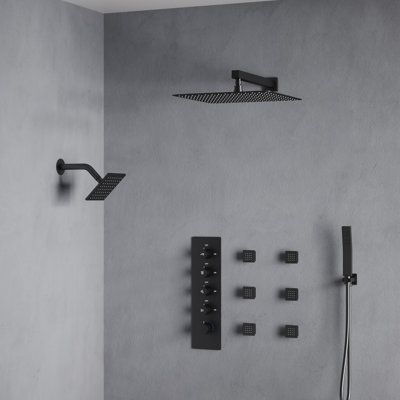 Thermostatic Dual Showerheads System, Wall Mount 16" High-Pressure Rainfall Shower Faucet with Handheld Spray and Body Jet
