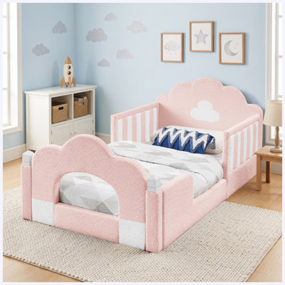 Twin Cloud Bed with Safety Guardrail, Solid Wood Frame, Boucle Fabric, Beige