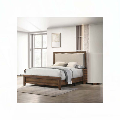 Shristi Fabric Upholstered Headboard Tufted Nailhead Trim 1pc Panel Bed Beautiful Wooden Bedroom Furniture
