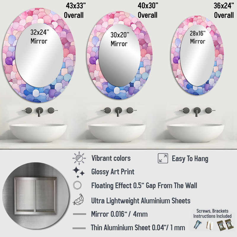 Miroir mural ovale bleu et rose, H 36 po x l 24 po