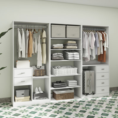 Alinda Closet Organizer System with Drawers and Hanging Rods, Open Wardrobe for Walk-in Closet with Multiple Shelves