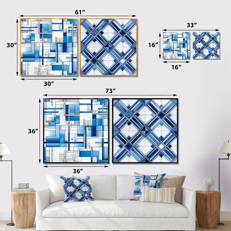 Dabid - Ensemble de 2 décorations murales formes abstraites, Cadre flottant blanc, H 36 po x l 73 po x P 1,5 po