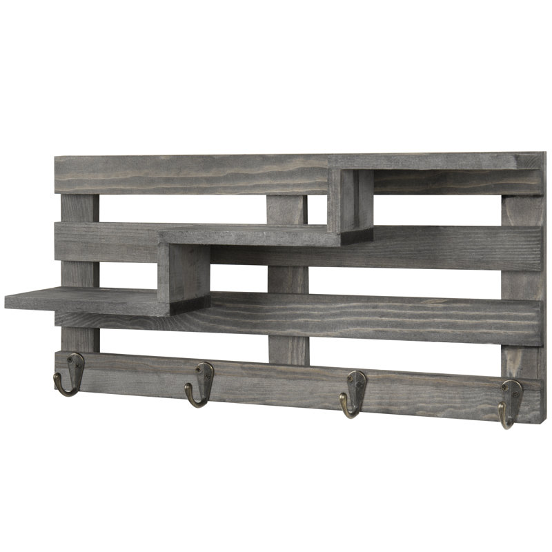 Deschamp Solid Wood Wall Organizer with Key Hooks, Gray