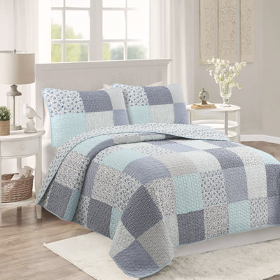 Subtle Blue Checker Cottage Floral  Stripe Cotton 3 Piece Patchwork Queen Quilt Bedding Set