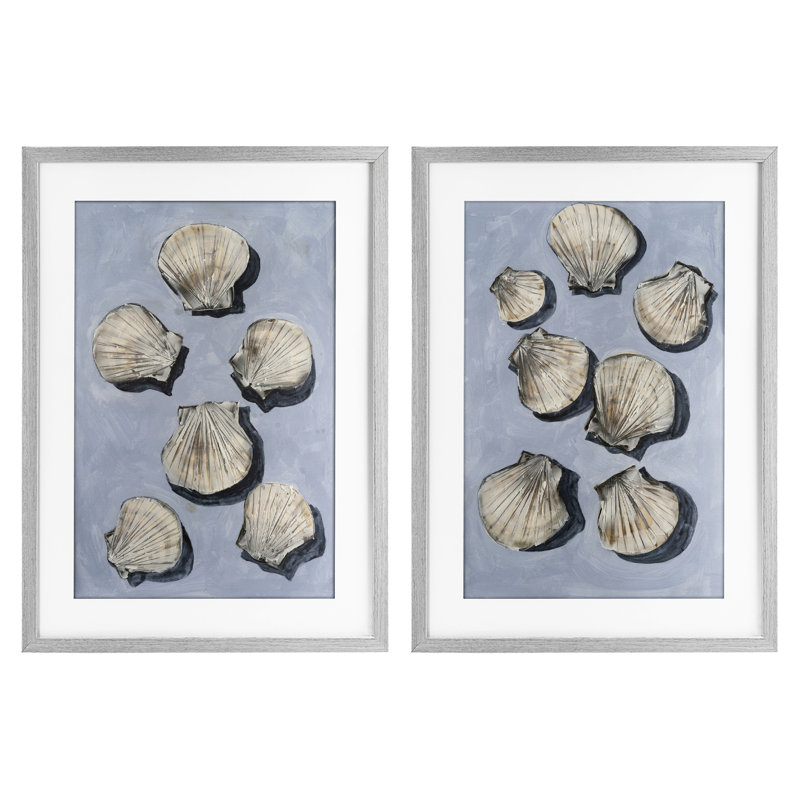 Ensemble de 2 sous-verres embellis de coquillages décoratifs, par Michael Willett, Cadre de ferme gris, H 23 po x l 17 po