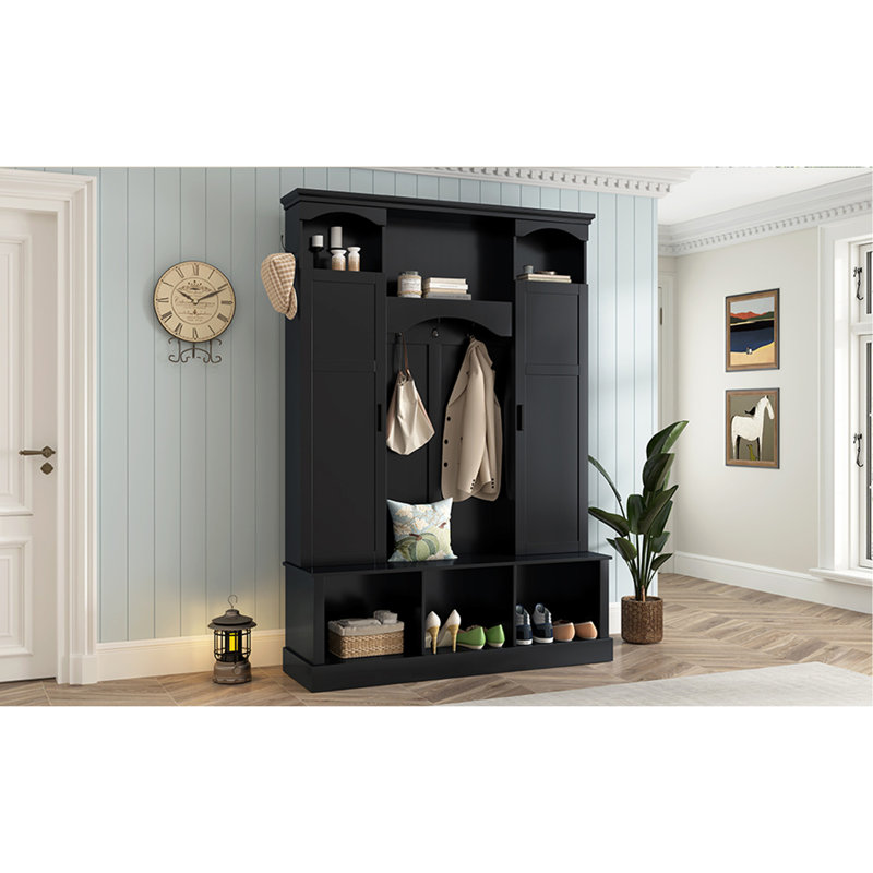 Portemanteau tout-en-un moderne avec tablettes réglables, banc de rangement de style campagnard arqué classique avec armoires latérales doubles, organisateur de hall d'entrée élégant avec 7 crochets pour vestibule, couloir