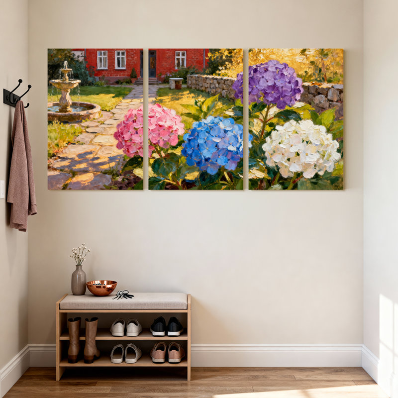 Ensemble de 3 tableaux sur toile « Jardin d'hortensias », H 30 po x l 60 po