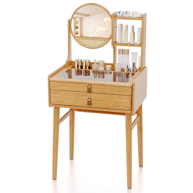 Table de maquillage compacte 23,5 po avec 2 tiroirs de rangement ouverts et plateau en verre