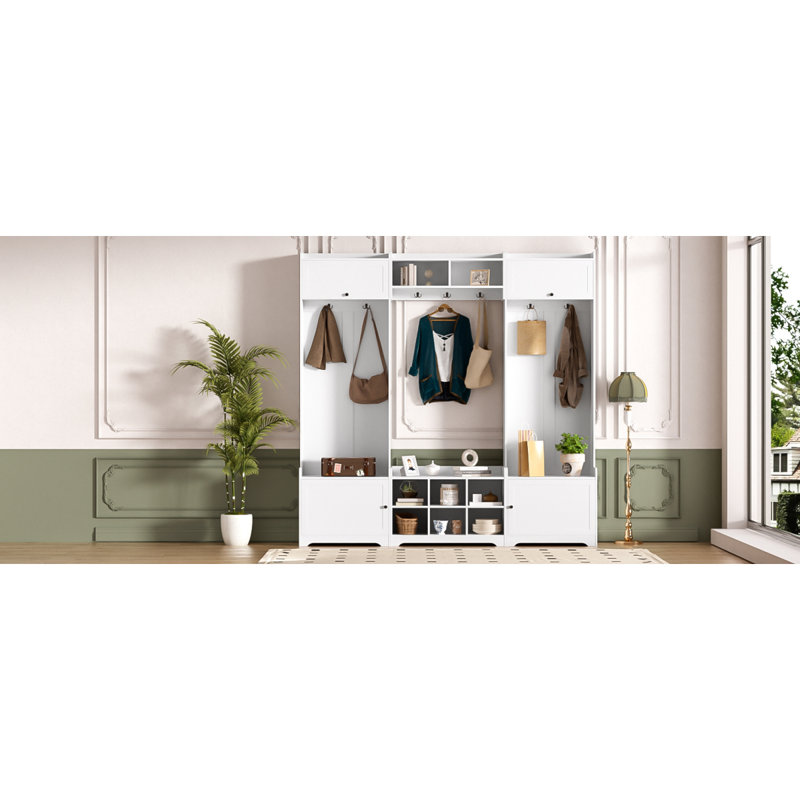 VIBE HAUS 79.1''Wide Modern Hall Tree With Shoe Storage, 4-In-1 Entryway Bench With 8 Cubbies, 7 Coat Hooks & Adjustable Shelf For Hallway, Living Room, White