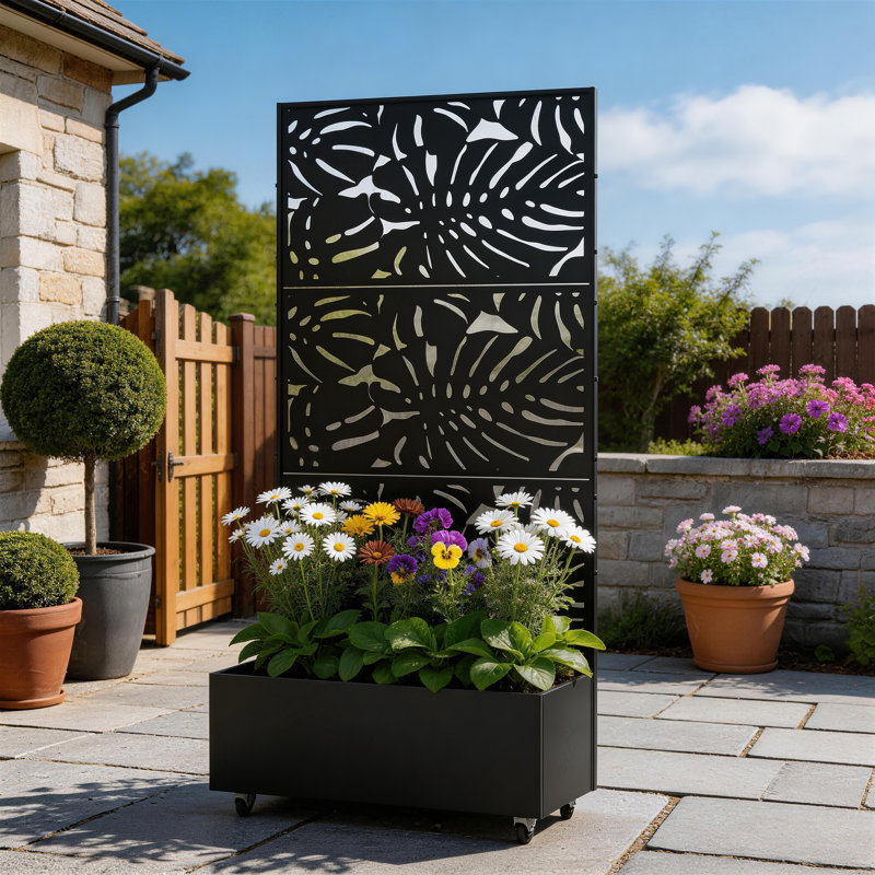 Boîte à fleurs en métal avec treillis et roues Truett, H 72 po x l 35 po x P 16 po, Black