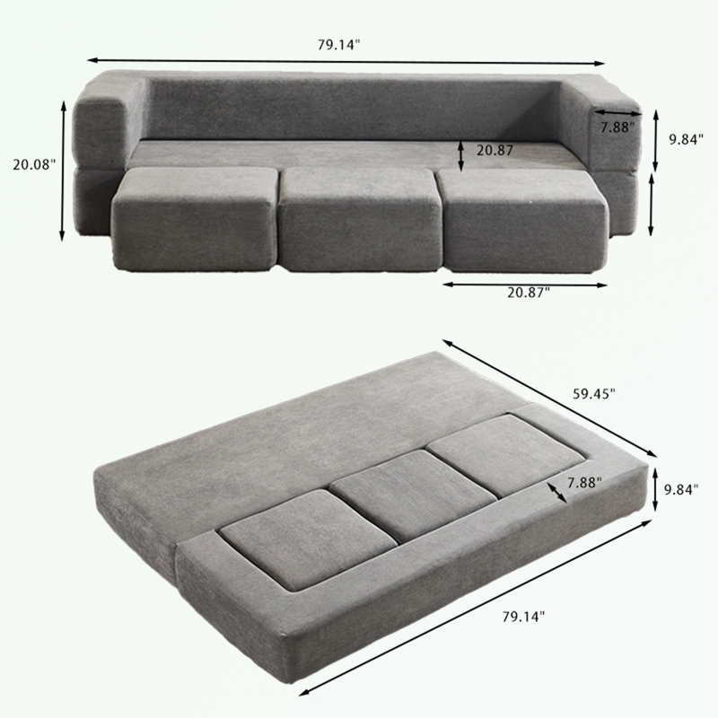 modular Chenille sofa with 3 Ottomans, Light Grey