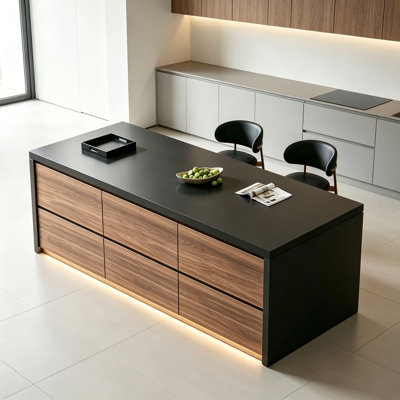 Modern Kitchen Island with Natural Marble Top, 6 Drawers and Integrated LED Lighting, Fully Assembled Freestanding Kitchen Island for Dining Room