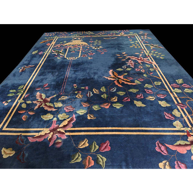 Luxurious Blue Color Wool Pile Antique Art Deco Chinese Rug