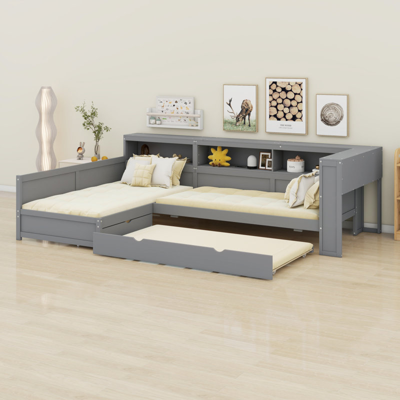 Lit plateforme en bois en L avec lit gigogne et tiroir, Gris