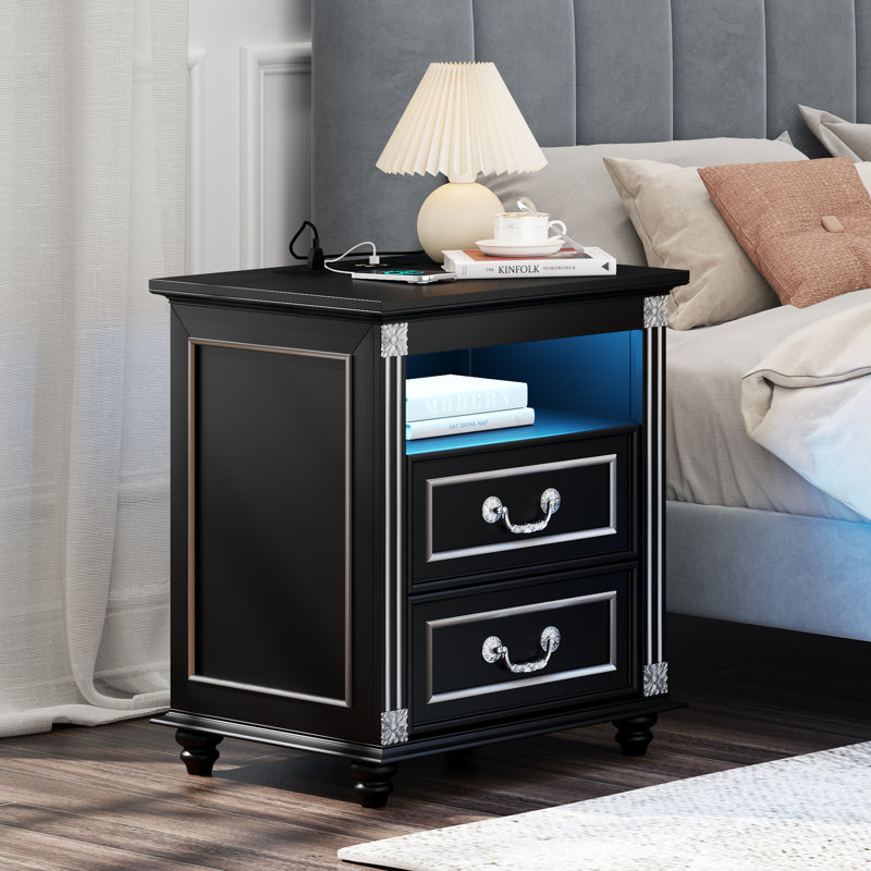 Nightstand With 4-in-1 Charging Station, 2 Drawers & Open Shelf, Vintage Style, Black