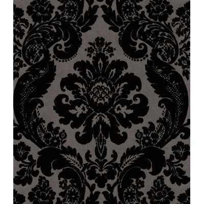 Shadow Black Flocked Damask Wallpaper