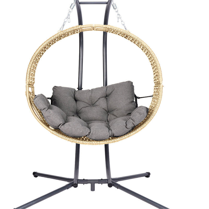 Fauteuil double suspendu pour 2 personnes avec support pour harmonie extérieure, fauteuil pivotant, canapé convertible semi-incliné, coussin toutes saisons, structure robuste de 700 lb, support gris et jaune, réglable