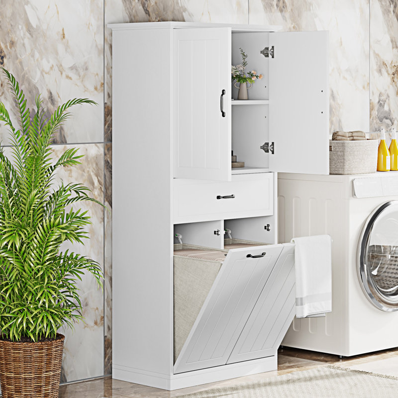 Bathroom Storage Cabinet With Laundry Basket, White