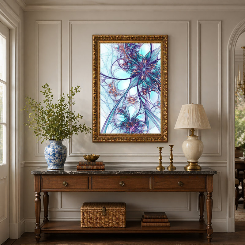 Art mural sur toile cyan et mauve fractal avec détails dorés, 18"H x 12"W