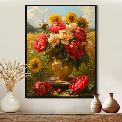 Pivoines par le champ de tournesols I - Pivoines, impressions sur toile