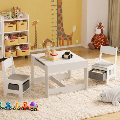Ensemble de table et de chaises pour enfants 3 en 1, plateau de table amovible double face avec panier de rangement et espace de jeu caché, mobilier pour tout-petits pour salle de jeux et salle de classe