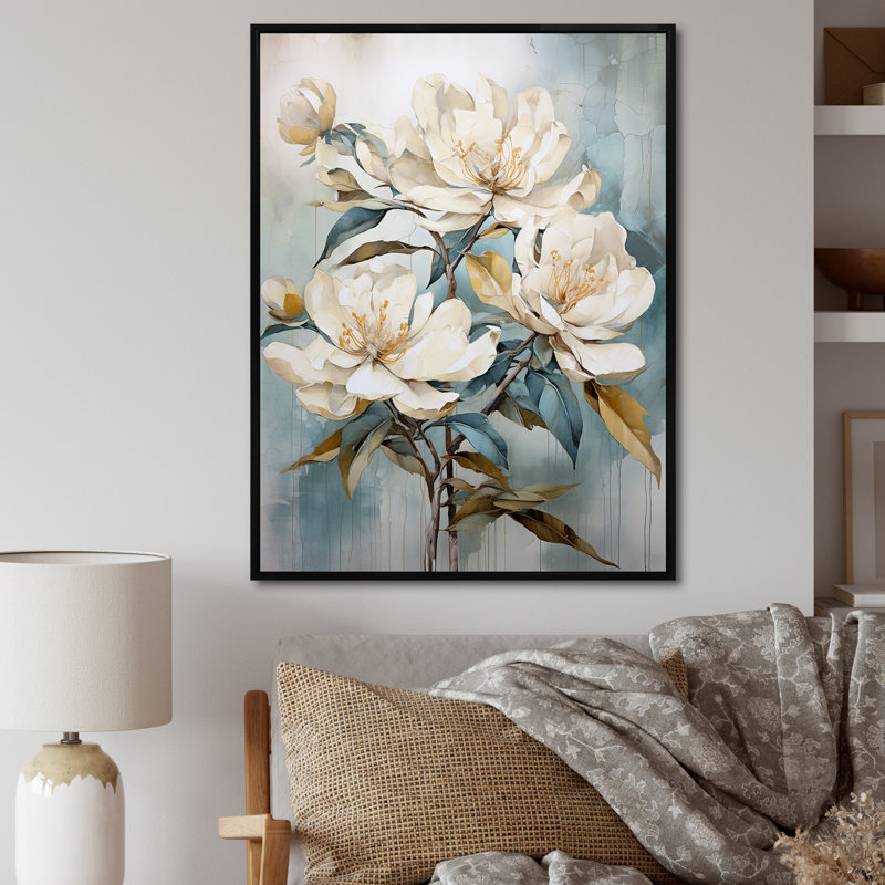Minimalisme discret rhododendron sur toile, Cadre flottant noir, H 44 po x l 34 po x P 1,5 po