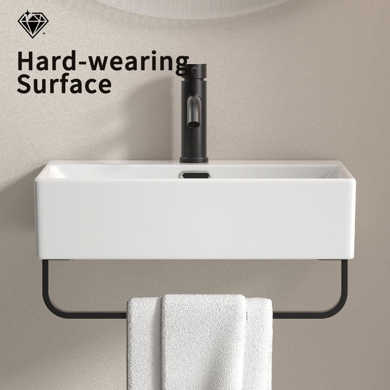 Lavabo de salle de bain mural LifeSky: meuble-lavabo peu encombrant avec porte-serviettes - Lavabo vasque moderne en céramique pour petites salles de bain et appartements