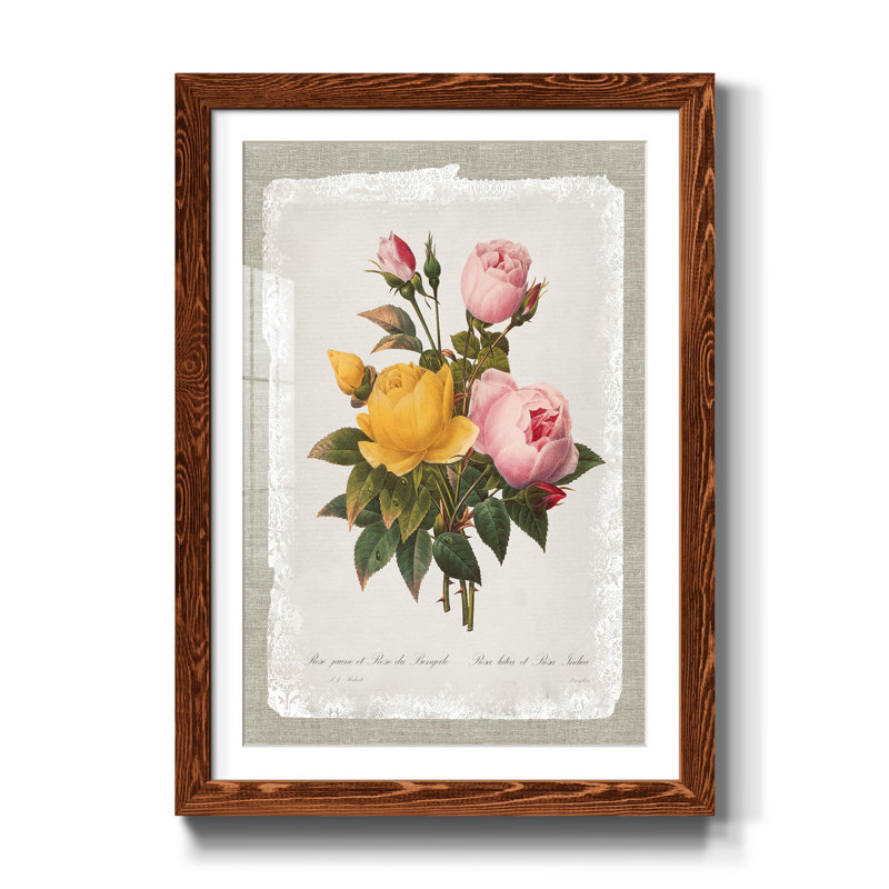 «Botanical Bouquet Roses», reproduction d'art graphique sur papier encadré, H 31,5 po x l 23,5 po x P 1,5 po, Érable