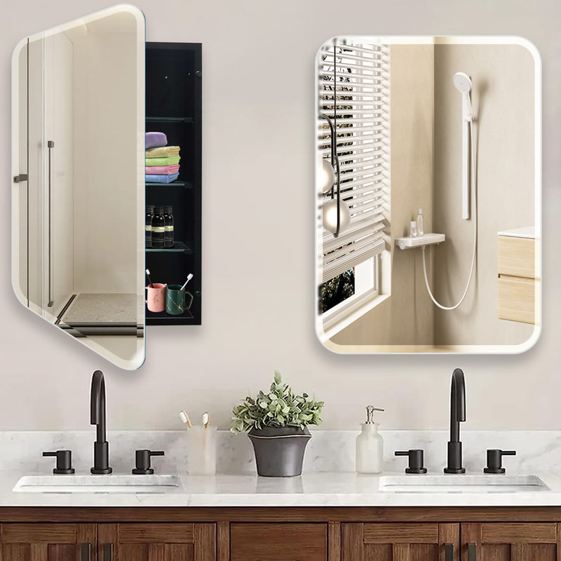 Bathroom Medicine Cabinet With Mirror, Surface Mount Or Recessed Mirror Cabinet, Frameless Beveled Mirror Small Medicine Cabinet For Bathroom Wall