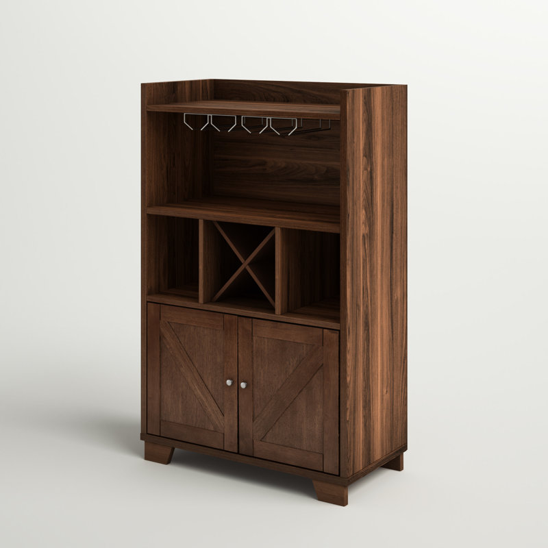Hession Walnut Finished Double Door & 3 Storage Cubbies Bar Cabinet, 48.98" H X 30.95" W X 15.40" D