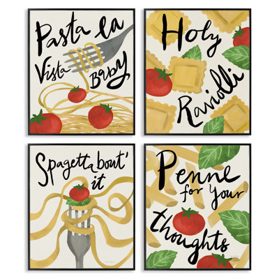  Funny Pasta Puns 4 PC Giclee Art Set by Farida Zaman