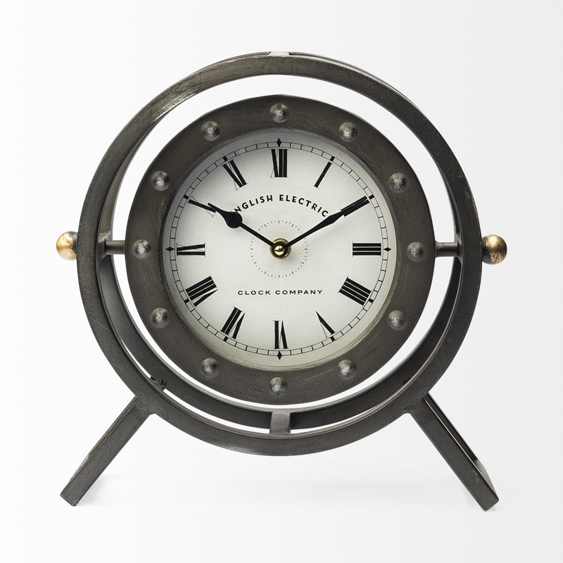 Horloge de table circulaire grise en métal avec cadre à rivets