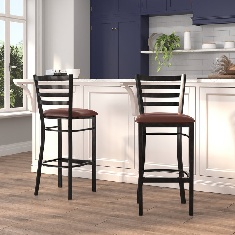 Red Metal and Wood Ladder Back Barstool with Vinyl Seat
